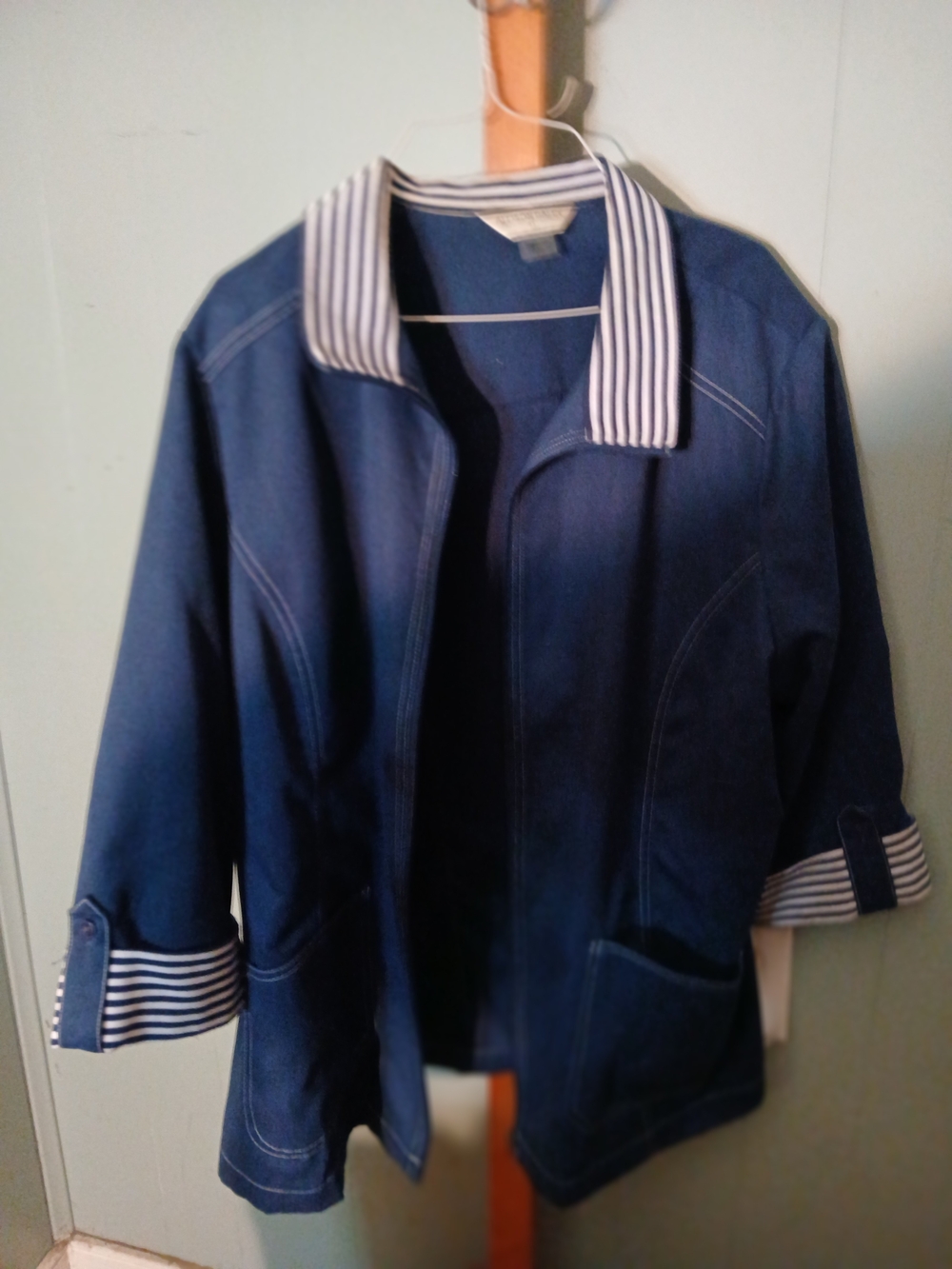 Women's Navy Jean Jacket with Striped Collar and Cuff